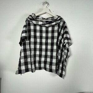 Heydari Womens Black & White Checkered Crinkle Cowl Neck Top Large Loose Fit